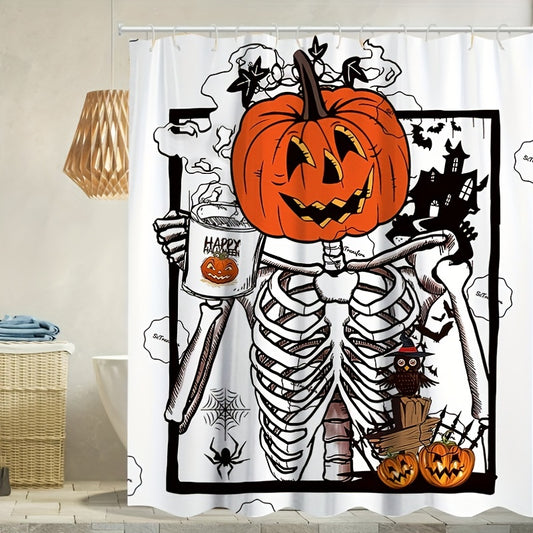 Spooky Skeleton Pumpkin Shower Curtain- A Waterproof Bathroom Decoration for Halloween Vibes