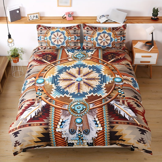 Western Bead Print Duvet Cover Set: Soft and Comfortable Bedding for Your Bedroom or Guest Room(1*Duvet Cover + 2*Pillowcases, Without Core)