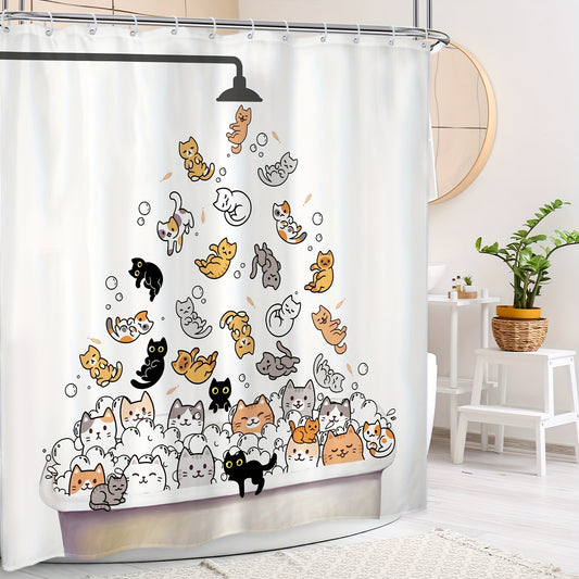 Adorable Cat Pattern Shower Curtain: Waterproof, Mildew-Proof Polyester Bath Curtain with Multi-Functional Design, Ideal for Window Decor and Bathroom Partition – 72x72in