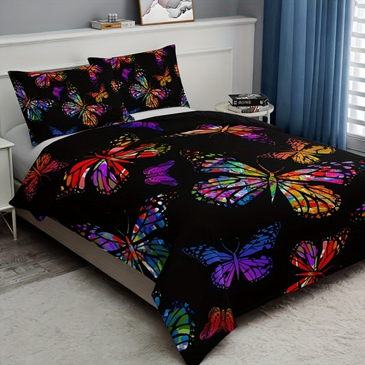 Introduce vibrant colors and playful fluttering to your bedroom or guest room with the Colorful Butterfly Delight duvet cover set. Made from comfortable material, this 3-piece set adds a pop of color and liveliness to any space. Perfect for those who enjoy a bright and lively atmosphere.