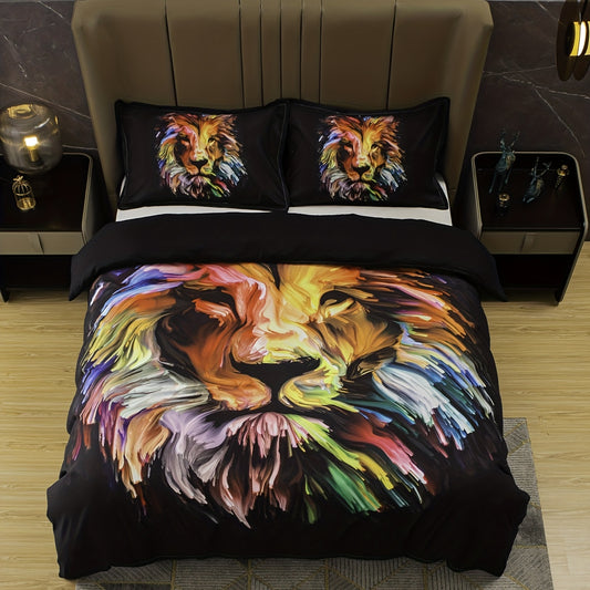 This Lion Print Polyester Duvet Cover Set is perfect for adding sleek style and comfort to any bedroom. This set includes one duvet cover and two pillowcases, all crafted with 100% polyester for a soft feel and lasting durability. The lion print creates an eye-catching, modern look, making it the perfect statement piece for your bedroom.