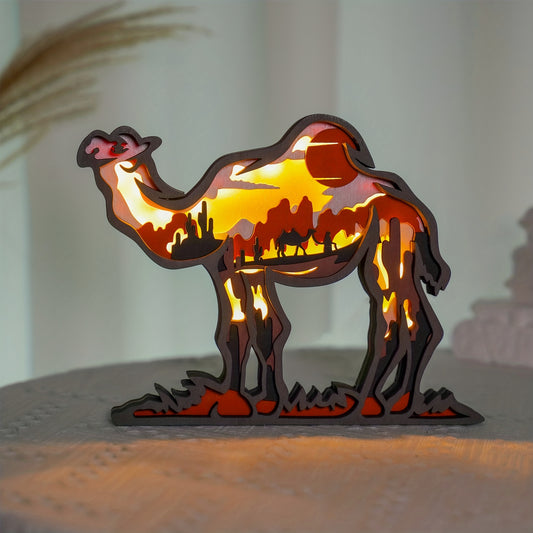 Crafted from wood and expertly lampworked glass, this 3D Wooden Art Camel Statue Night Light adds elegant illumination to any home or office space. Its unique design exudes an aesthetic charm, making it a perfect gift for birthdays, Christmas, and special occasions. Whether it's on or off, it will bring a touch of style to any setting.