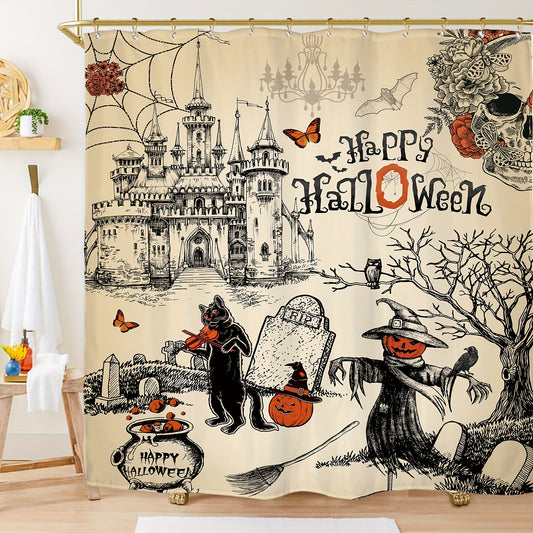 Gothic Halloween: Scary Scarecrow Shower Curtain Set - Spooky Pumpkin Cat, Skull, and Vintage Horror Decor for a Hauntingly Stylish Bathroom