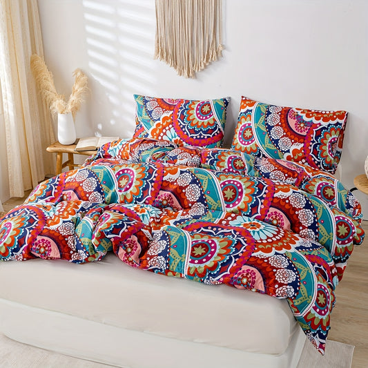 Bohemian Blossom: 3-Piece Duvet Cover Set - Multicolor Floral Print Bedding for Ultimate Bedroom Comfort