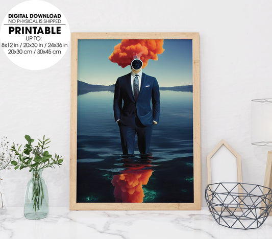 Gentleman In Suit, Floating In Deep Blue Peaceful Lagoon, Ball Man, Poster Design, Printable Art