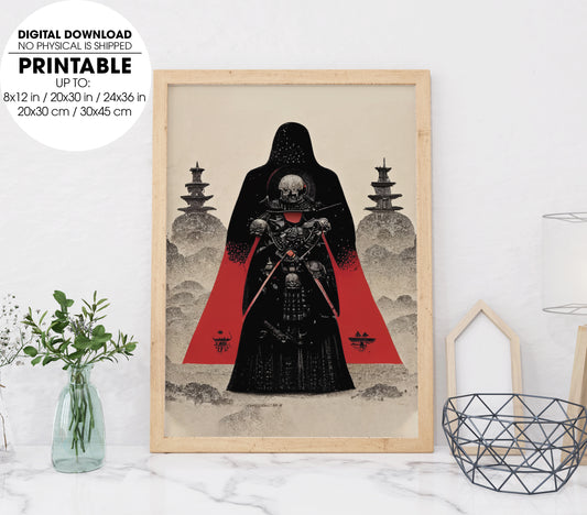 A Warrior Samurai Skull Vader Fantasy Style Tarot Card Red Black Grey, Poster Design, Printable Art