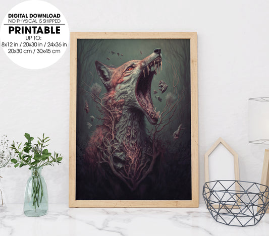 The Yawning Decaying Fox Dissolving Into Bones And Tendons, Poster Design, Printable Art