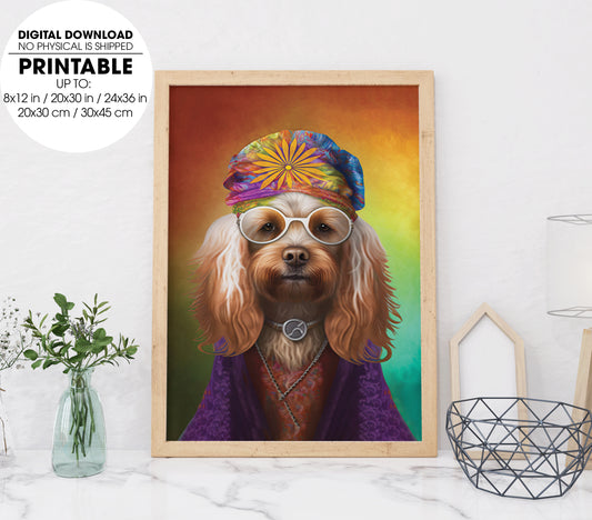 Dog Dressed As A Hippie, The Dogs Hippie With Strange Necklace, Poster Design, Printable Art