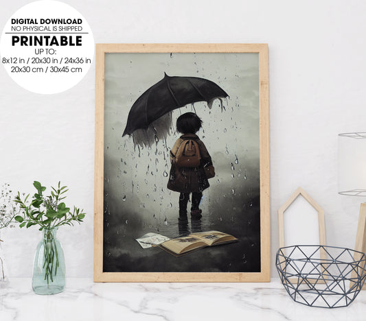Lonely Boy, Dark Cloud Of Depression Hanging Over A Little Child, Poster Design, Printable Art