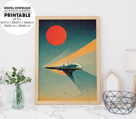 Retrofuturist Space Ship, Sun In The Background, Love Retrofuture, Poster Design, Printable Art