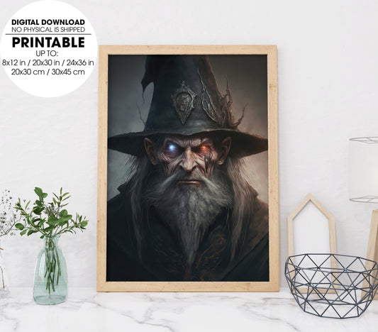 Evil Wizard With Gaunt Pale Features And Dark Eyes, Satan In The Hell, Poster Design, Printable Art