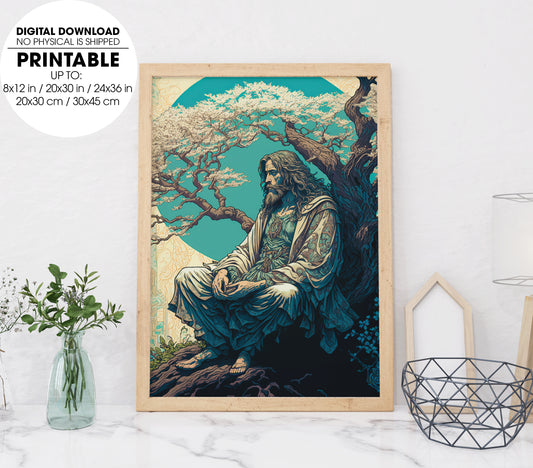 Jesus Christ Meditating Under A Tree, Jesus In My Mind, Jesus Lover, Poster Design, Printable Art
