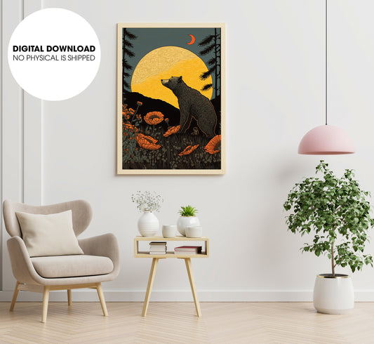 Woodblock Woodcut California Bear, Bear Under The Moon And The Forest, Poster Design, Printable Art