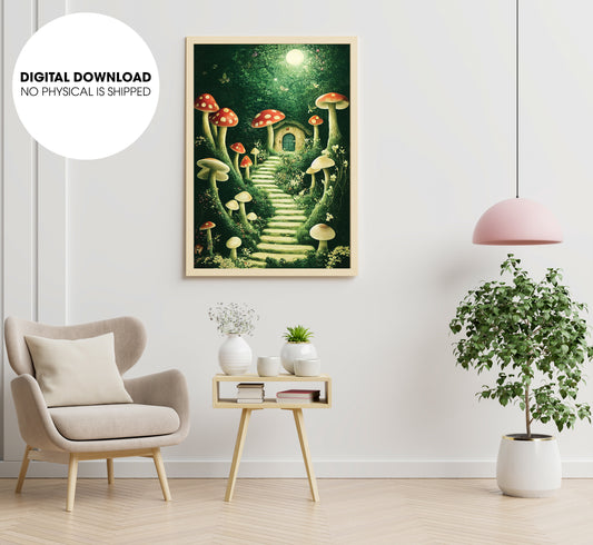 Secret Garden Of Mushroom House In Little Forest At Night, Poster Design, Printable Art