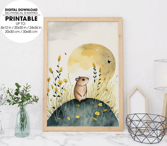 Cute Mouse In Golden Field With Nice Sky, Watercolor Art Style, Poster Design, Printable Art