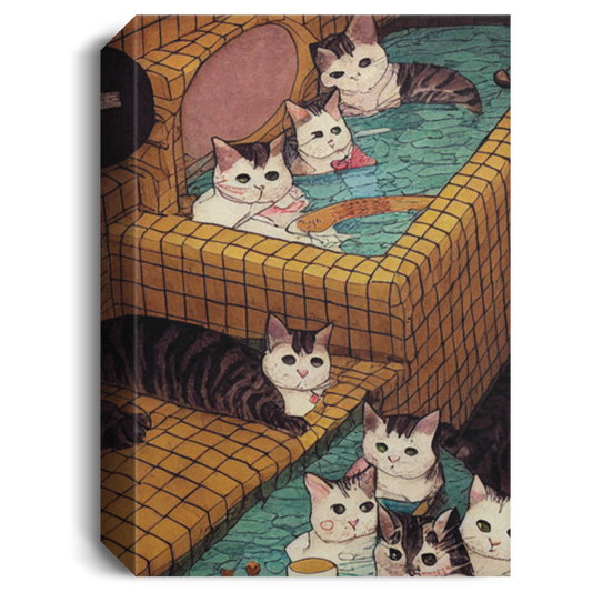 Quirky Underground Comic Style, Watercolor And Collage In Bathing Cats, Bath House Onsen Cats