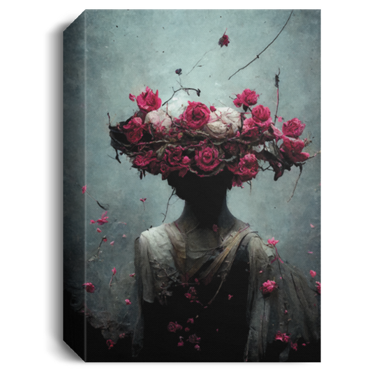 Pink Lilies And Red Roses Made Of Stone, Crumbling To Pieces, With A Broken Skull Suspended In Space