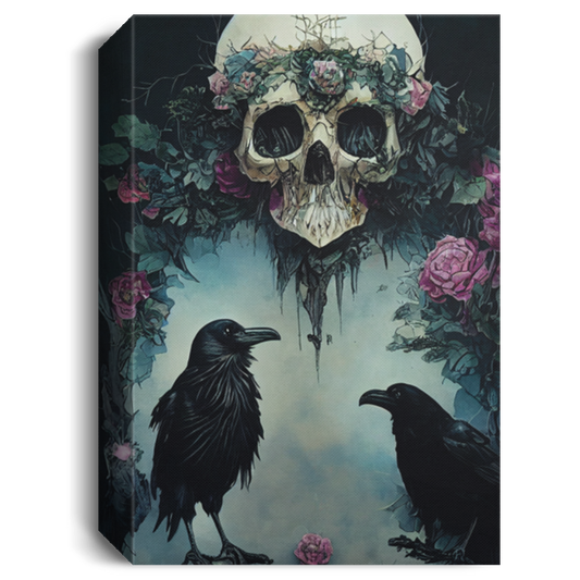 Raven Standing On A Skull, Overgrown Magical Forest, Ornate Skull Artstation, Detailed Ethereal, Face Lighting, Black Teal And Pink Highlights