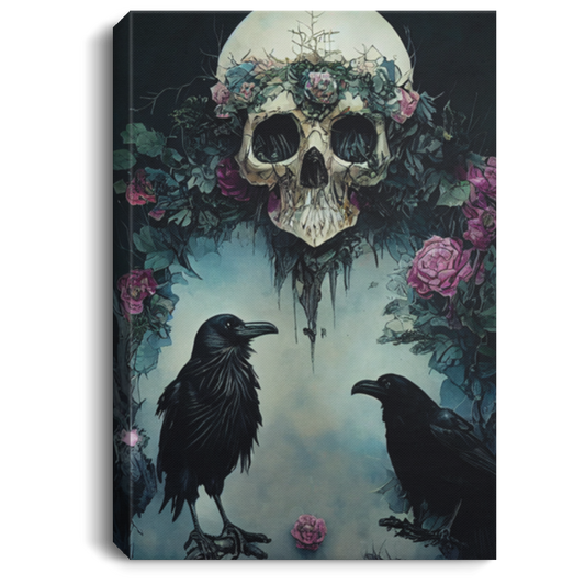 Raven Standing On A Skull, Overgrown Magical Forest, Ornate Skull Artstation, Detailed Ethereal, Face Lighting, Black Teal And Pink Highlights