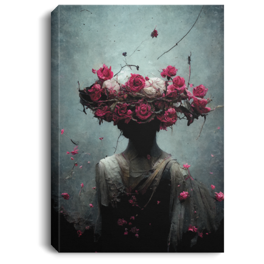 Pink Lilies And Red Roses Made Of Stone, Crumbling To Pieces, With A Broken Skull Suspended In Space