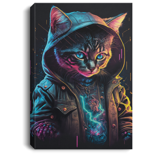 Cyberpunk Cute Kitten Dressed As A Mage, Negative Space, Cat Cyberpunk, Cat Neon Style