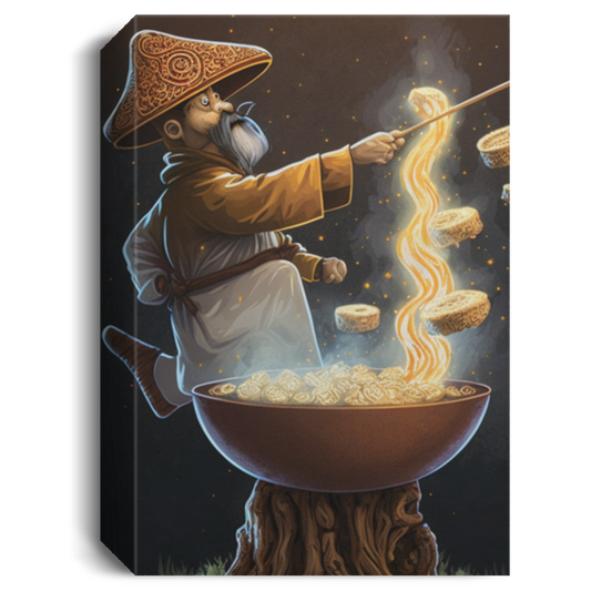 Ramen Wizard Casting Mushroom Magic, A Man Witch With A Pot Of Noodles