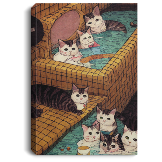 Quirky Underground Comic Style, Watercolor And Collage In Bathing Cats, Bath House Onsen Cats