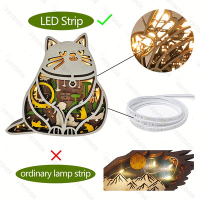 Whimsical Fat Cat Wood Carving Decoration: LED Night Light for Indoor Décor, Christmas & Halloween Themes | Perfect Gift and Desktop Accent Piece