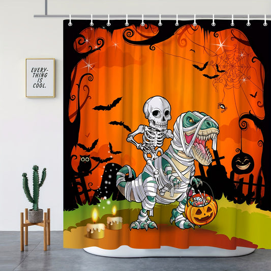 Spooky Skeleton Riding Dinosaur: Halloween Cartoon Shower Curtain for a Scary Night Holiday Theme Bathroom Décor
