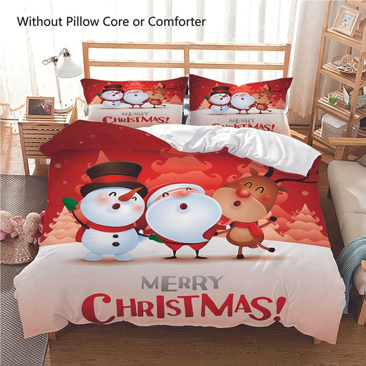 Transform your bedroom into a cheerful holiday scene with our 3pcs Merry Christmas Duvet Cover Set. Featuring adorable cartoon versions of Santa Claus, Snowman, and Reindeer patterns, this high-quality microfiber bedding set includes 1 duvet cover and 2 pillowcases (without core).