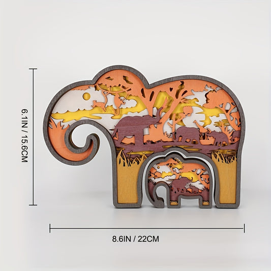 Elephant Baby 3D Wooden Art Carving LED Night Light: Exquisite Wood Carved Home Decor and Perfect Gift for Father's Day