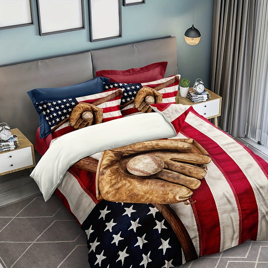 Home Run in Style: Baseball American Flag Print Duvet Cover Set for Ultimate Comfort and Patriotism(1*Duvet Cover + 2*Pillowcases, Without Core)