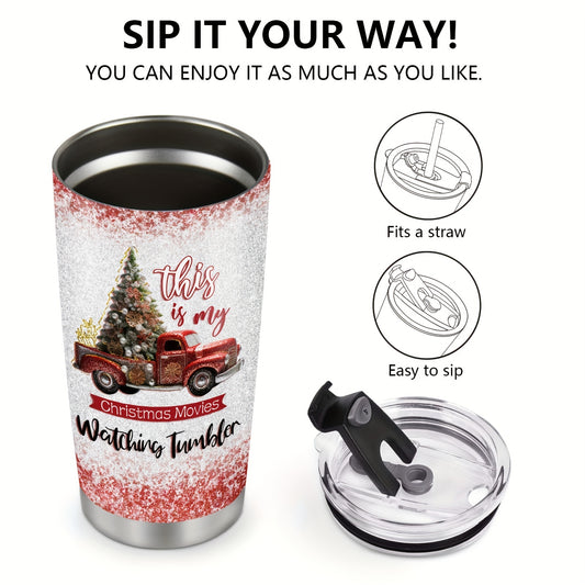 Cozy Christmas Movie Watching Tumbler - Stainless Steel Insulated Coffee Mug for the Holiday Season! Perfect gift for Christmas, adorned with a festive red truck design!