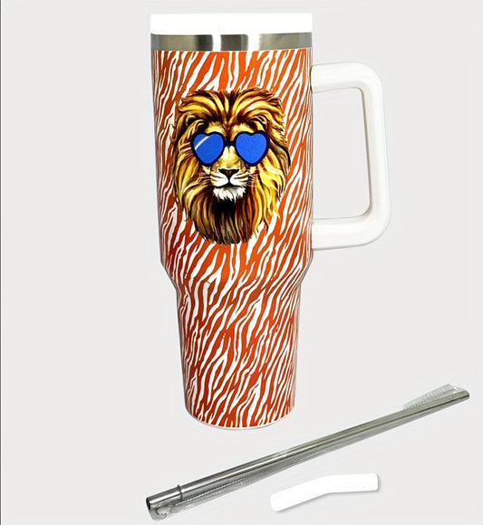 This 40oz Lion Tumbler provides high-performance insulation. It is made of durable, vacuum-insulated stainless steel, keeping your drinks cold or hot for up to 12 hours. The wide mouth opening for ice and the leak-proof lid with a handle and straw make this water bottle perfect for car, home, office, and travel.