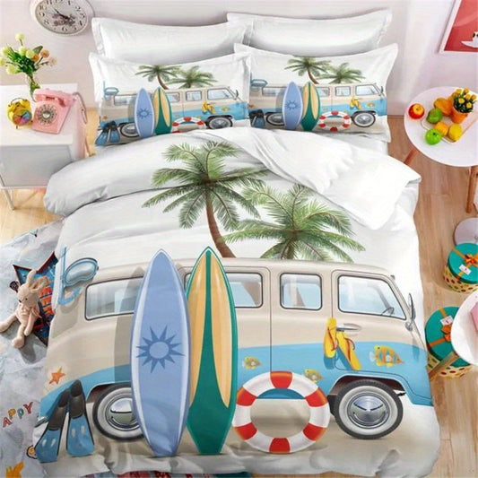 Add a touch of adventure to your bedroom or dorm room with our Dreamy Camping Vibes duvet cover set. Featuring a whimsical bus, surfboard, and palm tree pattern, this set is perfect for anyone who loves the great outdoors. Made from high-quality materials, it's both stylish and comfortable.