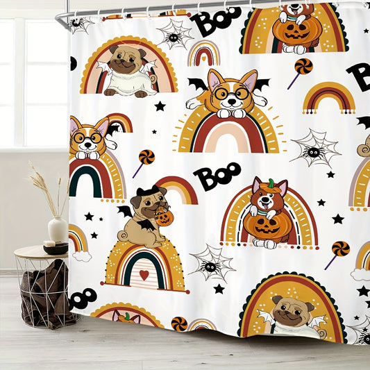 Colorful Halloween Fun: Rainbow Shower Curtain with Corgi, Bulldog, Pumpkin, Bat, and Boho Holiday Designs for Home Bathroom Decor