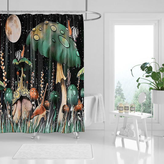 Majestic Mushroom Medley: Cartoon Fantasy Oil Painting Shower Curtain - Water Resistant & Stylishly Equipped with 12 Hooks