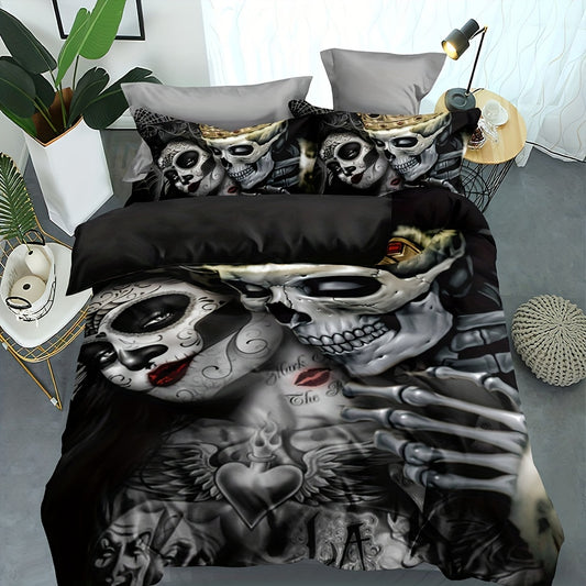 Transform any room with the stylish Skeleton Print Duvet Cover Set. Crafted with soft and comfortable microfiber, this luxurious bedding is designed to face the rigors of everyday life while upgrading any bedroom or guest room. The set includes one duvet cover and two pillowcases, all without a core for convenience and comfort.