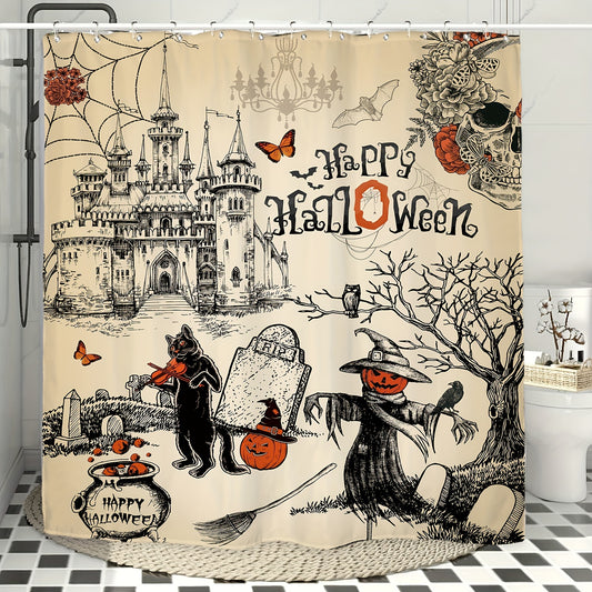 Gothic Halloween's Scary Scarecrow Shower Curtain Set features spooky pumpkin cat, skull, and vintage horror decor for a hauntingly stylish bathroom. Both water-repellant and mold-resistant, this set will bring eerie vibes to any space.