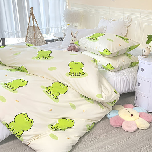 Transform your bedroom into a playful, vibrant space with our Fashionable Fun 3-Piece Cartoon Frog Print Duvet Cover Set. Made with high-quality materials, this set not only adds style to your room but also provides softness and comfort for a good night's sleep.