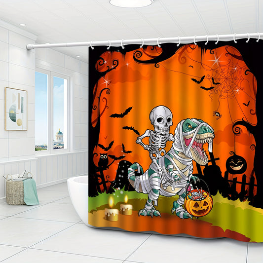 Greet guests with our "Spooky Skeleton Riding Dinosaur" Halloween shower curtain. This scary night holiday-themed bathroom décor features an eerie skeleton riding a dinosaur to ensure your bathroom is haunted with the perfect balance of creepiness and fun.
