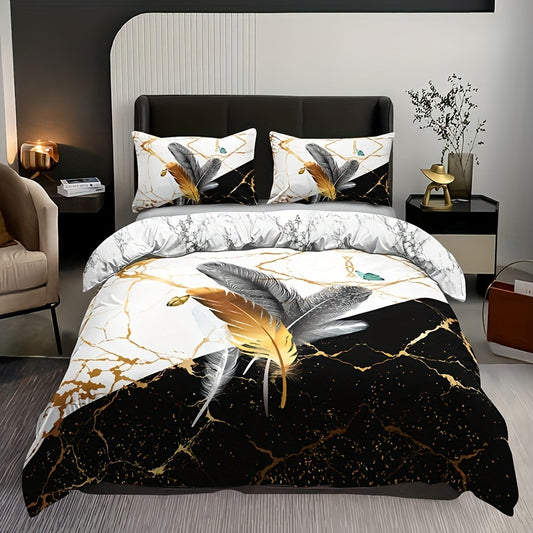 Effortlessly elevate the style and comfort of your bedroom with our Bronzing Marble Feather Print Duvet Cover Set. The stunning marble and feather design, combined with the luxurious bronzing technique, will add a touch of sophistication to your space.