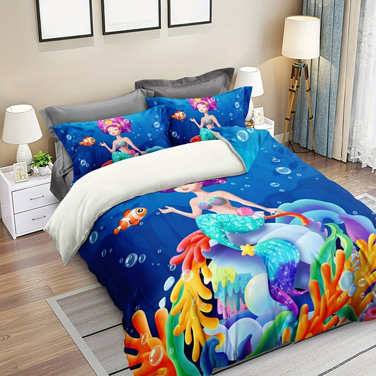 Magical Mermaid Dreams: 3-Piece Duvet Cover Set for a Cozy Bedroom Retreat(1*Duvet Cover + 2*Pillowcases, Without Core)