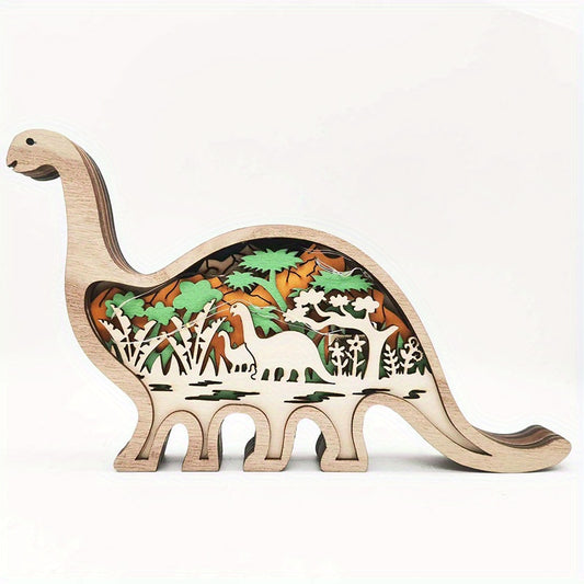 This elegant multi-layered woodcarving ornament features an artistic dinosaur design, adding a touch of creativity to any wooden home decor. Handcrafted with exquisite detail, it is the perfect addition for those seeking a unique and sophisticated decor piece. Elevate your space with this elegant masterpiece.