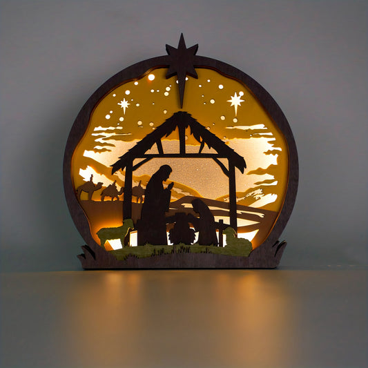 This exquisite 3D Nativity Scene Wooden Art Carving is handcrafted for holiday décor and a memorable art night light. The unique design creates a captivating display that will bring joy to your home. Perfect for bringing a sense of beauty and peace during the special holiday season.
