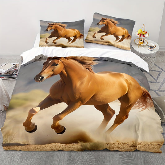 Horse Print Polyester Duvet Cover Set: Soft Comfort for Your Bedroom - Includes 1 Duvet Cover and 2 Pillowcases (No Core)