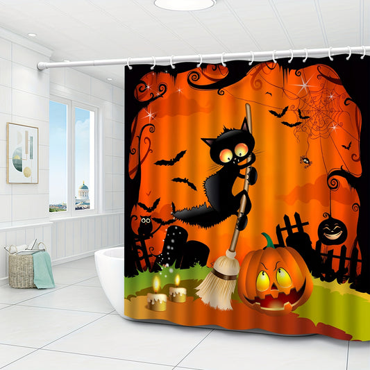 Our Halloween Cartoon Black Cat Shower Curtain adds a spooky holiday theme to your kids' bathroom. With a whimsical cartoon cat design, this curtain adds a fun and festive touch to your decor. The curtain is made of waterproof material, ensuring a long-lasting and durable product for your kids' bathroom.