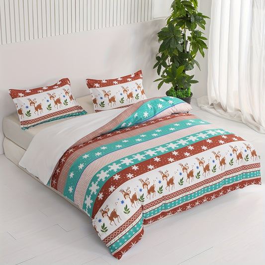 This Snowflake Deer Print Christmas Themed Duvet Cover Set is designed for superior comfort and breathability. The set includes one duvet cover and two pillowcases without a core, perfect for master, children's, and guest bedrooms. Enjoy a stylish holiday season with this cozy set!