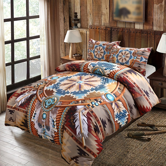 Western Bead Print Duvet Cover Set: Soft and Comfortable Bedding for Your Bedroom or Guest Room(1*Duvet Cover + 2*Pillowcases, Without Core)