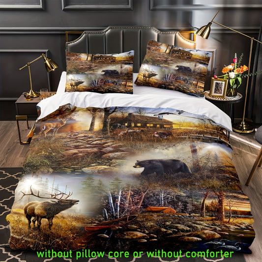 Cozy and Stylish: 3-Piece Black Bear and Deer Print Duvet Cover Set for Ultimate Bedroom Comfort